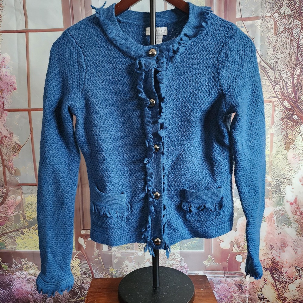 S | Merino Wool Cashmere Cardigan Sweater: Blue Fringe, Women's Small